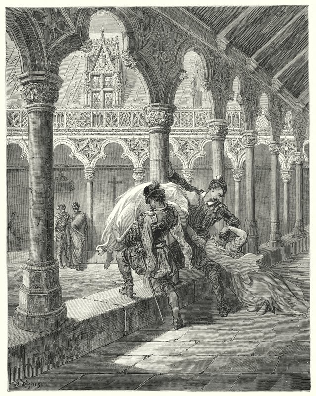 Gustave Doren Don Quijote: "Lucinda huomasi olevansa hänen vallassaan ja pyörtyi" (kaiverrus) tekijältä Gustave Dore