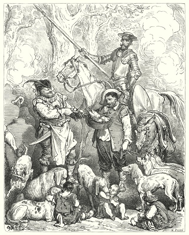 Gustave Doren Don Quijote: "Tee vaihto pysyäksesi vatsassasi, kunnes illallinen on valmis" (kaiverrus) tekijältä Gustave Dore