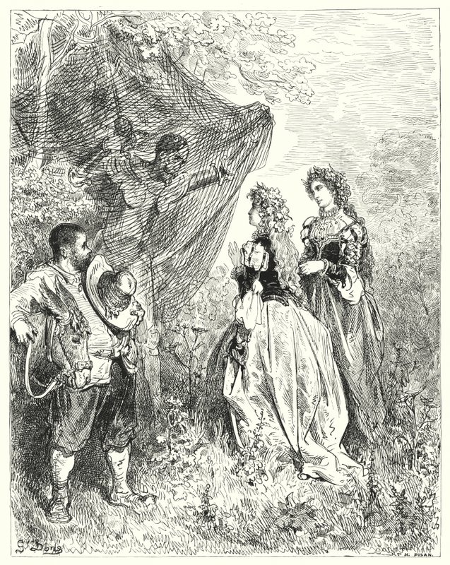 Gustave Doren Don Quijote: "Nyt, herra, jos teillä on varaa tarjota meille yrityksesi, olette erittäin tervetulleita" (kaiverrus) tekijältä Gustave Dore