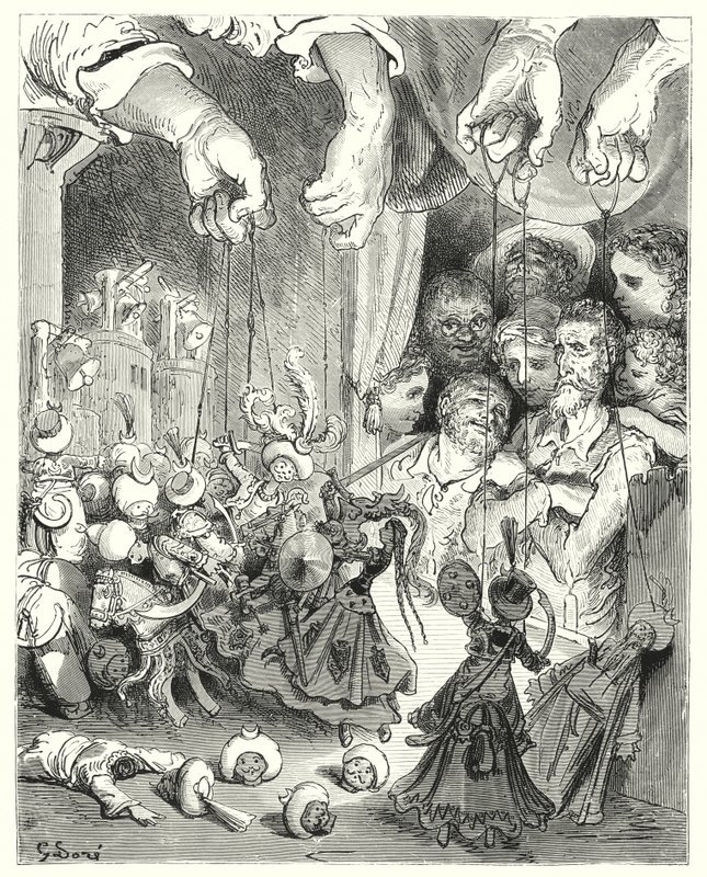 Gustave Doren Don Quijote: "Katso, kuinka suuri joukko kimaltelevia hevosia tulee ulos kaupungista jahtaamaan kristittyjä rakastajia" (kaiverrus) tekijältä Gustave Dore