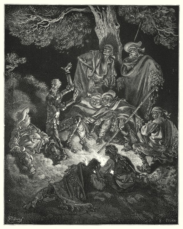 Gustave Doren Don Quijote: "Voi, onnellinen ikä", huudahti hän, "jota ensimmäiset vanhempamme kutsuivat kultakaudeksi!" (kaiverrus) tekijältä Gustave Dore