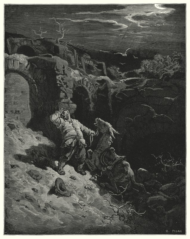 Gustave Doren Don Quijote: ""Voi, rakas kumppanini ja ystäväni", hän sanoi perseelleen, "kuinka huonosti olen ansainnut uskollisen palveluksesi!" (kaiverrus) tekijältä Gustave Dore