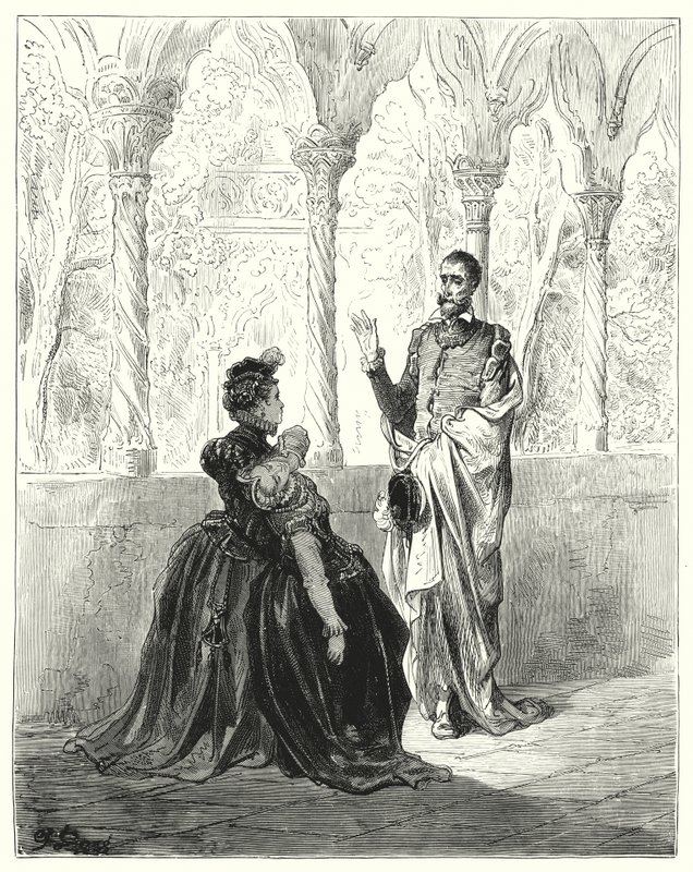 Gustave Doren Don Quijote: "Rukoile, herra Don Quijote, vetäydy, sillä tämä köyhä nuori olento ei tule omikseen, kun olet paikalla" (kaiverrus) tekijältä Gustave Dore