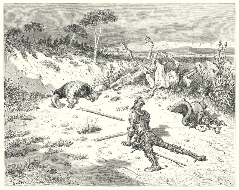 Gustave Doren Don Quijote: "Sancho, olen aina kuullut sanottavan, että ystävällisyyden tekeminen klovneille on kuin heittäisi vettä mereen" (kaiverrus) tekijältä Gustave Dore