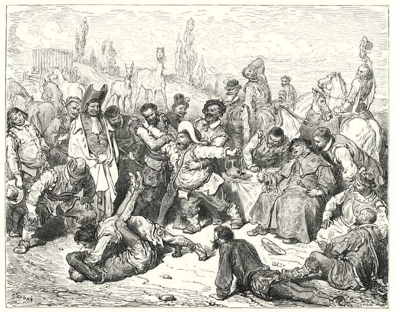 Gustave Doren Don Quijote: "Sancho Panza yksin oli raivoissaan, ahdisti itsensä kuoliaaksi ja raivosi kuin hullu" (kaiverrus) tekijältä Gustave Dore
