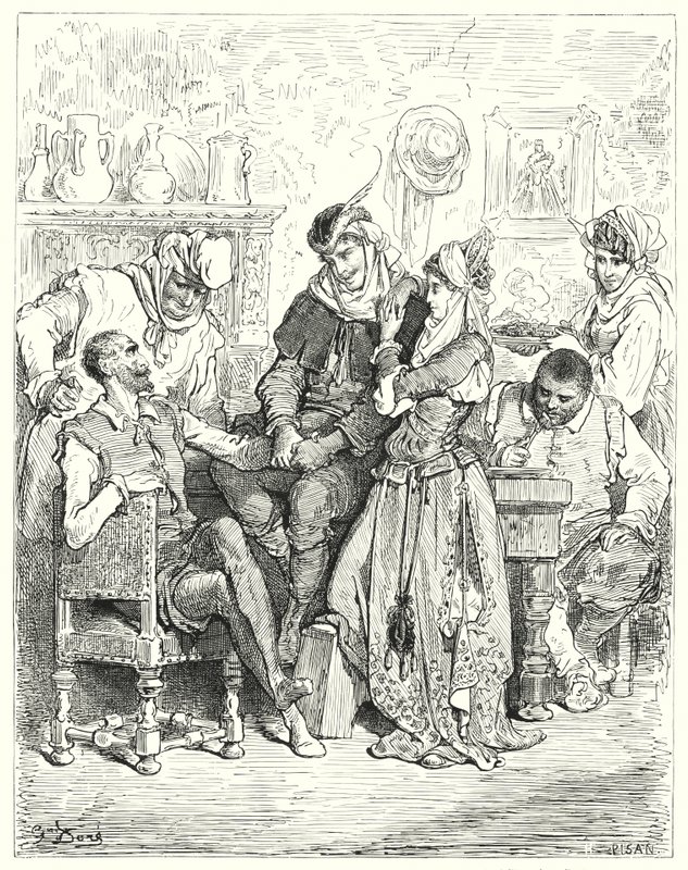 Gustave Doren Don Quijote: "Sancho ja hänen isäntänsä viipyivät kolme päivää nuoren parin luona, ja he viihdyttivät kuin prinssit" (kaiverrus) tekijältä Gustave Dore