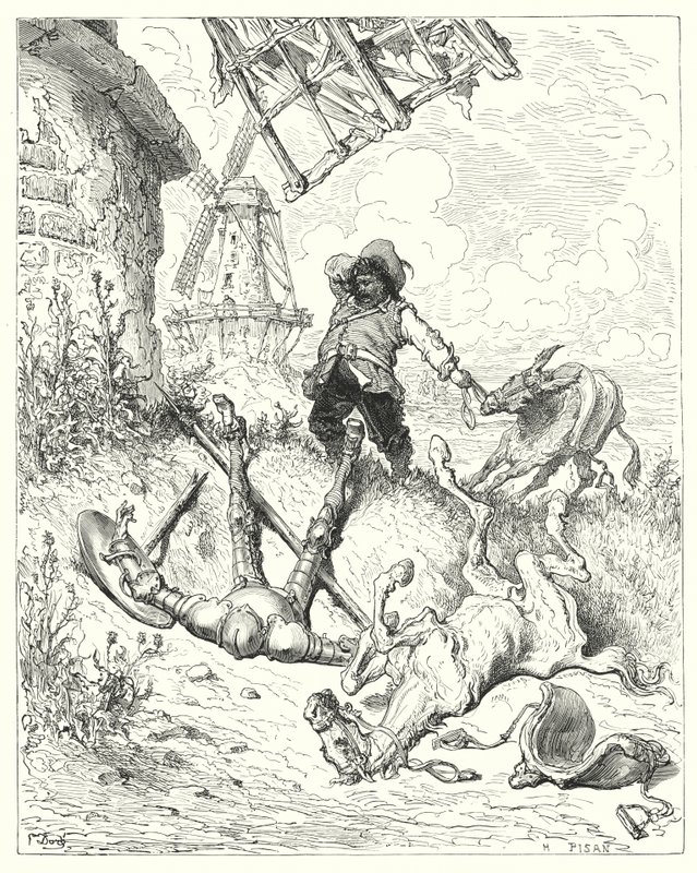 Gustave Doren Don Quijote: "Sancho juoksi niin nopeasti kuin perse pystyi auttamaan isäntänsä" (kaiverrus) tekijältä Gustave Dore