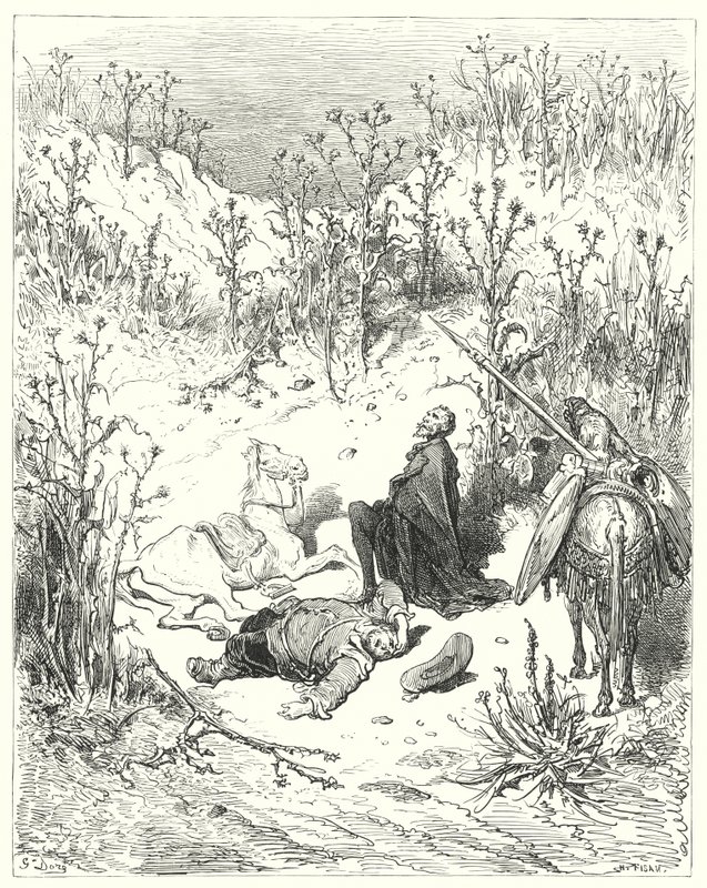 Gustave Doren Don Quijote: "Nuku, Sancho", huusi Don Quijote: "nuku, sillä sinä synnyit nukkumaan" (kaiverrus) tekijältä Gustave Dore