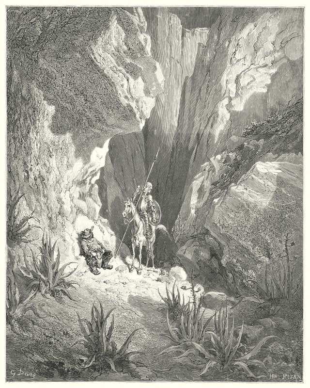 Gustave Doren Don Quijote: "Ensimmäinen asia, jonka hän löysi, oli sonetin karkea luonnos; joten hän luki sen ääneen" (kaiverrus) tekijältä Gustave Dore