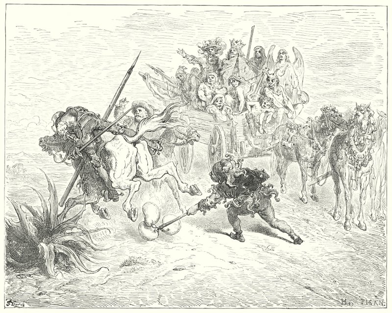 Gustave Doren Don Quijote: "Näytelmän hölmö tuli räyhäämään morrice-kelloillaan" (kaiverrus) tekijältä Gustave Dore