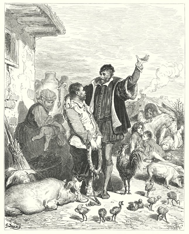 Gustave Doren Don Quijote: "Ritari antoi hänelle niin monta oikeudenmukaista lupausta, että vihdoin typerä klovni suostui lähtemään hänen kanssaan ja ryhtymään hänen orjaansa" (kaiverrus) tekijältä Gustave Dore