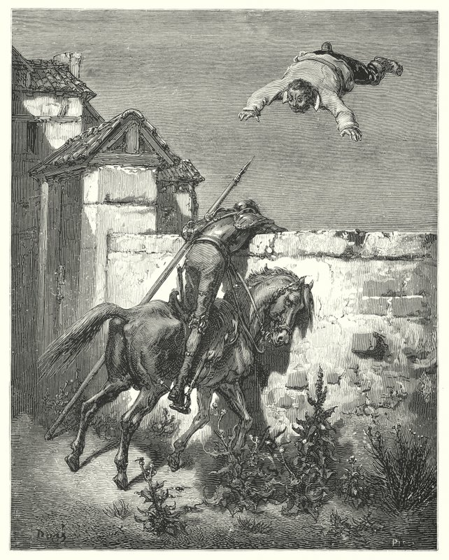 Gustave Doren Don Quijote: "Mitä enemmän hän myrskytti, sitä enemmän he heittelivät ja nauroivat" (kaiverrus) tekijältä Gustave Dore