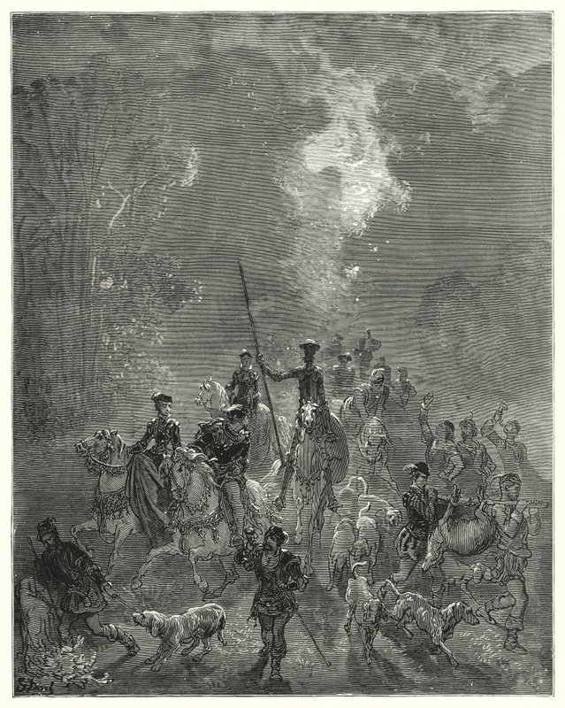 Gustave Doren Don Quijote: "Aamu alkoi levittää hymyileviä katseitaan taivaan itäisellä neljänneksellä" (kaiverrus) tekijältä Gustave Dore