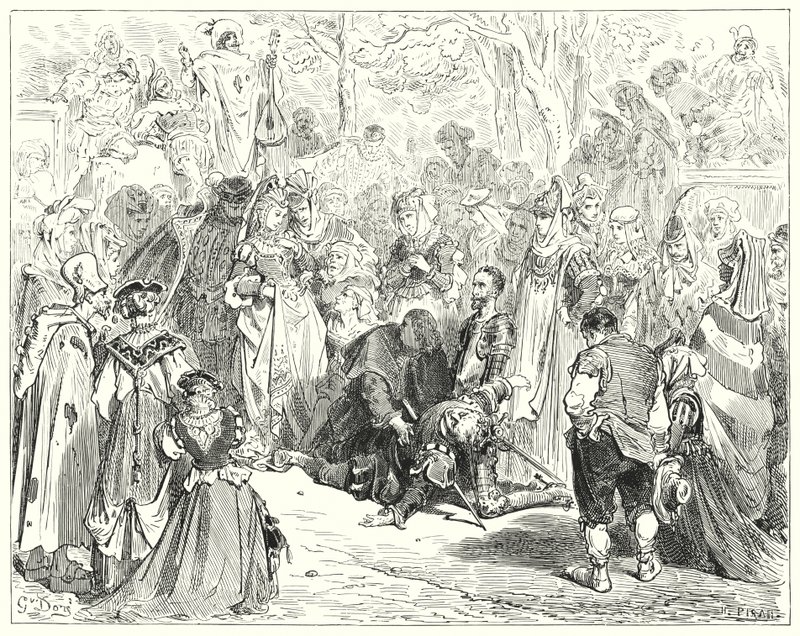Gustave Doren Don Quijote: "Neitsyt köyhä, vapisten ja tyrmistyneenä sanaakaan puhumatta, tuli köyhän Basilin luo" (kaiverrus) tekijältä Gustave Dore