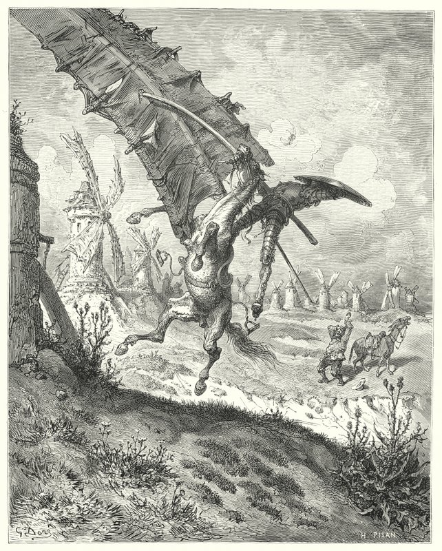 Gustave Doren Don Quijote: "Purje heitti pois sekä ritarin että hevosen mukanaan" (kaiverrus) tekijältä Gustave Dore