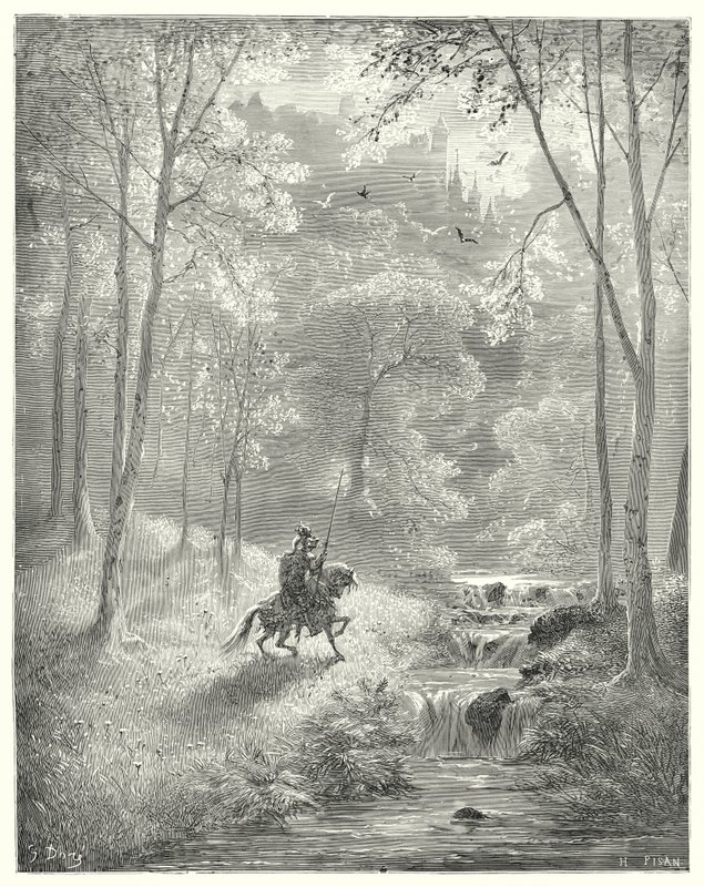 Gustave Doren Don Quijote: "Taivas näyttää hänestä läpinäkyvämmältä ja aurinko näyttää paistavan kaksinkertaisella kirkkaudella" (kaiverrus) tekijältä Gustave Dore