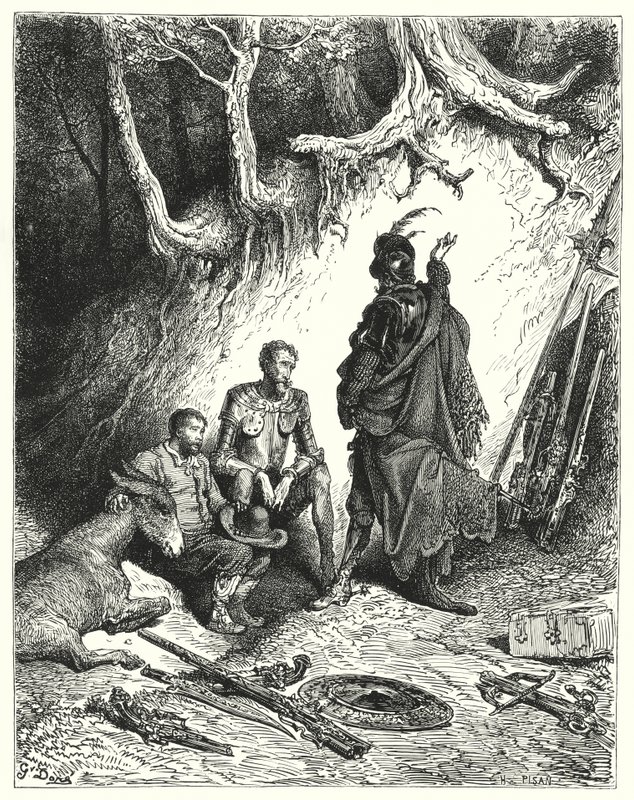 Gustave Doren Don Quijote: "Squires lähti Don Quijotesta, Roquesta ja Sanchosta odottamaan paluutaan" (kaiverrus) tekijältä Gustave Dore