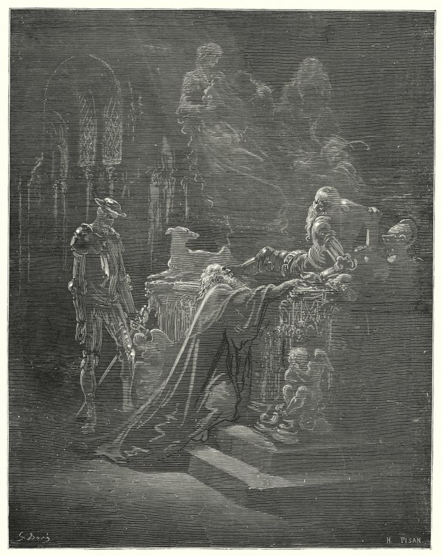 Gustave Doren Don Quijote: "Kunnianarvoisa Montesinos kaatui polvilleen kärsineen ritarin edessä" (kaiverrus) tekijältä Gustave Dore