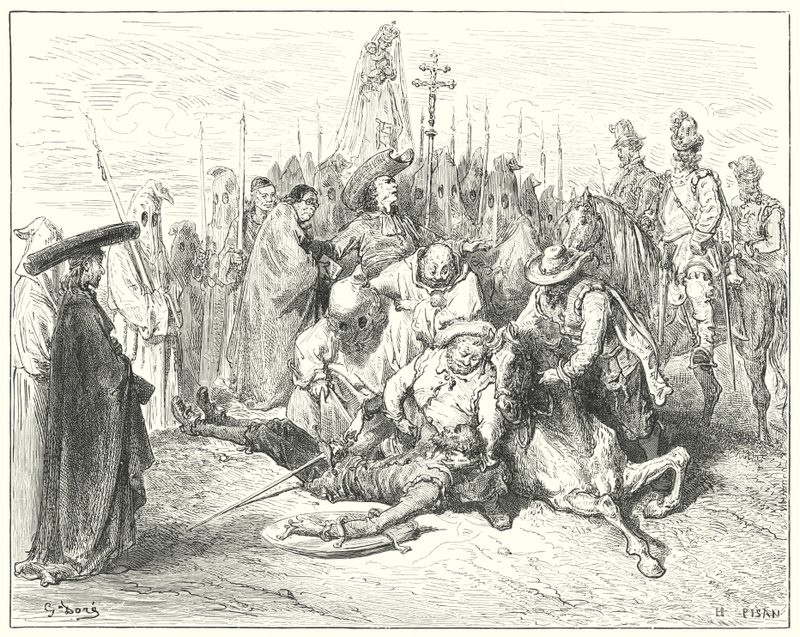 Gustave Doren Don Quijote: "Squire-äänen surkeat aksentit kutsuivat vihdoinkin itselleen Don Quijoteksi" (kaiverrus) tekijältä Gustave Dore