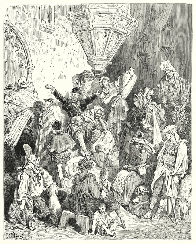 Gustave Doren Don Quijote: "Maan päällä ei ollut sitä maata, jota hän ei olisi nähnyt, eikä taistelua, johon hän ei olisi osallistunut" (kaiverrus) tekijältä Gustave Dore