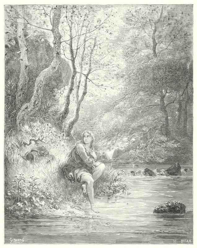 Gustave Doren Don Quijote: "He vakoilivat nuorta maalaistapauksessa istumassa kiven juurella tuhkapuun takana" (kaiverrus) tekijältä Gustave Dore