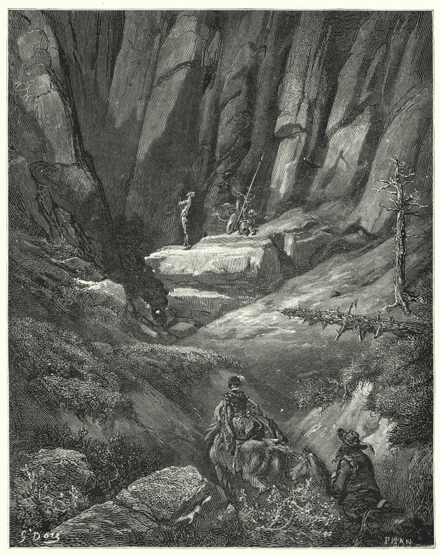 Gustave Doren Don Quijote: "He kulkivat noin kolme neljäsosaa liigasta, ja sitten kivien seassa he vakoivat Don Quijotea, joka oli tähän mennessä pukeutunut ylleen, vaikka ei haarniskaansa" (kaiverrus) tekijältä Gustave Dore