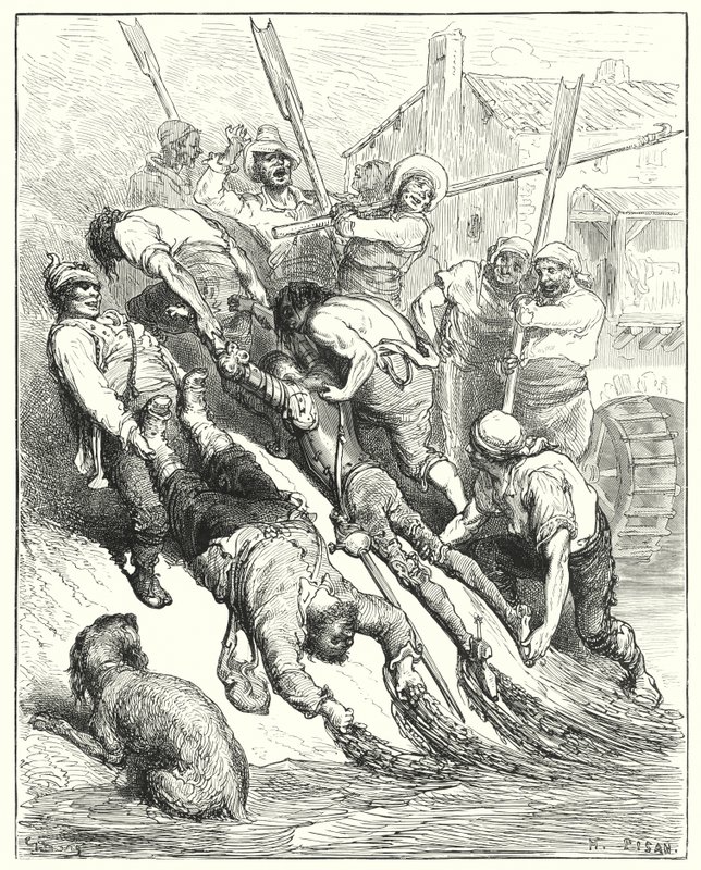 Gustave Doren Don Quijote: "He molemmat vedettiin maihin, enemmän ylimäräisinä kuin janoisina" (kaiverrus) tekijältä Gustave Dore