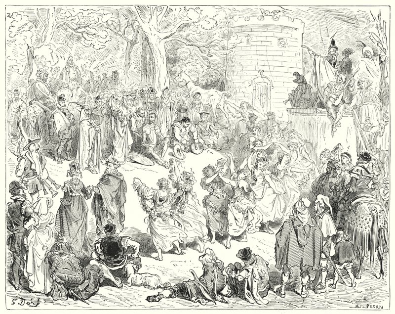 Gustave Doren Don Quijote: "Heidät johdattivat kunnioitettava vanha mies ja emäntänainen" (kaiverrus) tekijältä Gustave Dore