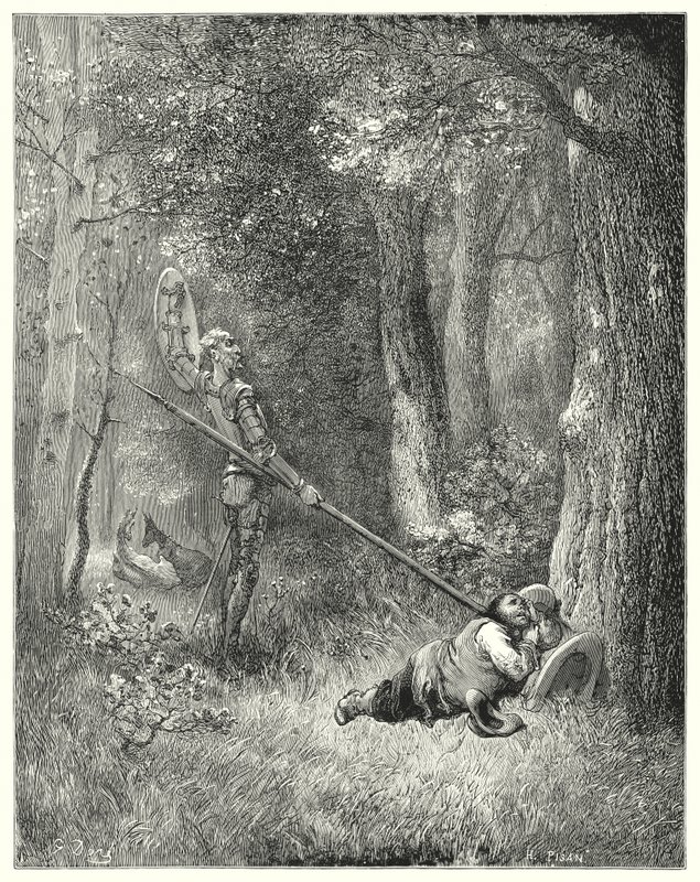 Gustave Doren Don Quijote: "Kaikkeen tähän hienoon väittelyyn Sancho ei vastannut sanaakaan" (kaiverrus) tekijältä Gustave Dore