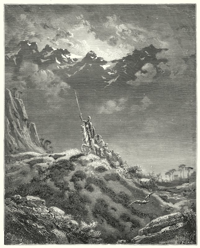 Gustave Doren Don Quijote: "Kohti Micomiconin valtakuntaa" (kaiverrus) tekijältä Gustave Dore