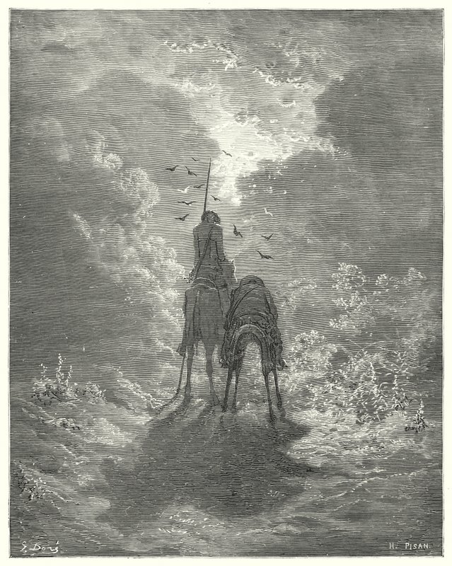 Gustave Doren Don Quijote: "Nukumme niin sikeästi kuin meillä olisi allamme neljä höyhensänkyä" (kaiverrus) tekijältä Gustave Dore