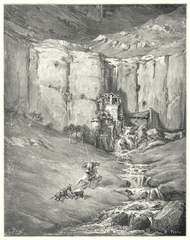 Gustave Doren Don Quijote: "Kun he tulivat lähemmäksi, jopa kärsivällinen Rozinante itse aloitti hirvittävän äänen" (kaiverrus) tekijältä Gustave Dore