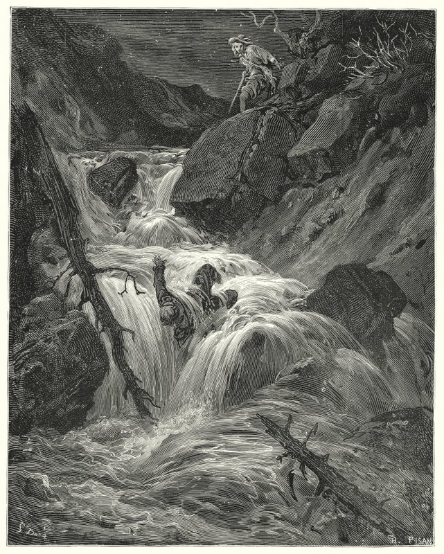 Gustave Doren Don Quijote: "Sillä vähällä voimalla, mitä minulla oli, työnsin hänet alas jyrkänteelle, minne jätin hänet" (kaiverrus) tekijältä Gustave Dore
