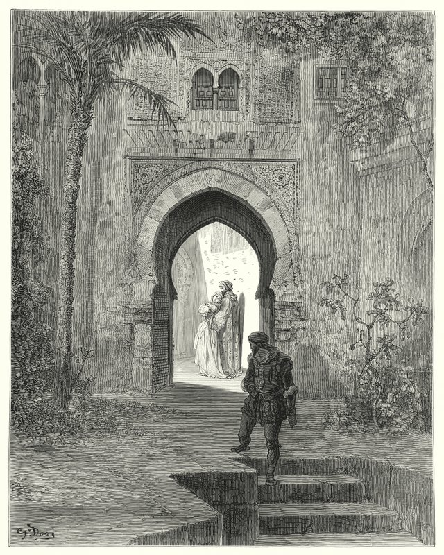 Gustave Doren Don Quijote: "Zoraida, ilmeensä vaikeudet, lähti isänsä kanssa" (kaiverrus) tekijältä Gustave Dore