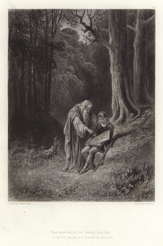 Alfred Tennysonin kuvitus Vivienille tekijältä Gustave Dore