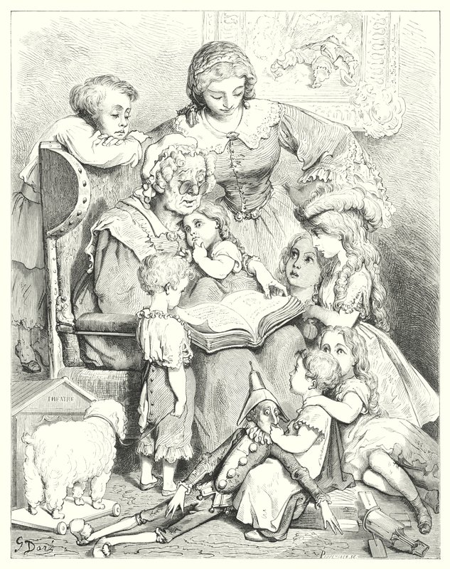 Perhetarinoiden kertominen (kaiverrus) tekijältä Gustave Dore