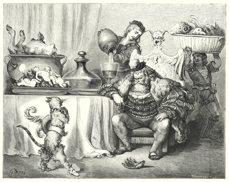 Mestarikissa tai saappaiden pussi; Puss In Boots (kaiverrus) tekijältä Gustave Dore