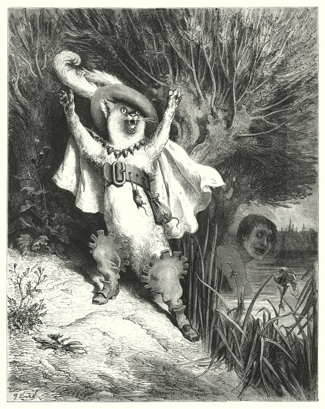 Mestarikissa tai saappaiden pussi; Puss In Boots (kaiverrus) tekijältä Gustave Dore