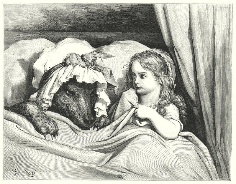 Le Petit Chaperon Rouge; Punahilkka (kaiverrus) tekijältä Gustave Dore