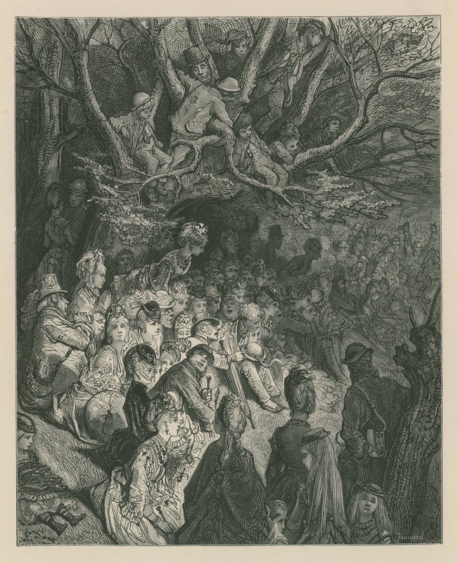 Katsojat katsomassa venekilpailua joen rannalta tekijältä Gustave Dore