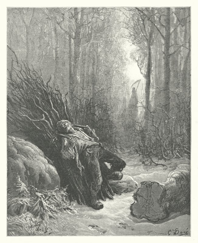 La Fontainen sadut: Fontaine: Kuolema ja puunleikkaaja (kaiverrus). tekijältä Gustave Dore