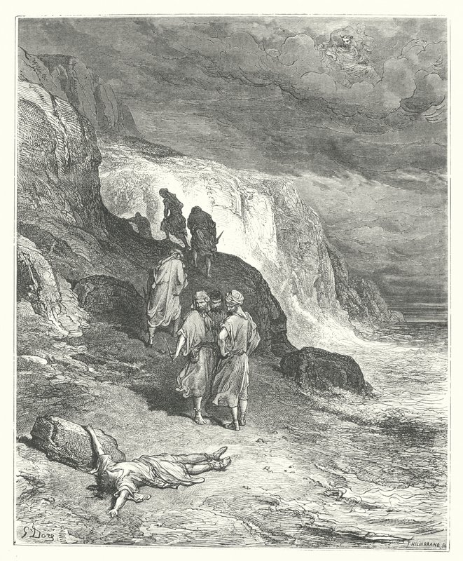 La Fontainen sadut: Fontaine: Jupiter ja matkamies (kaiverrus). tekijältä Gustave Dore