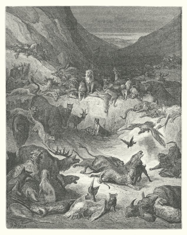 La Fontainen sadut: Fontaine: Ruttoon sairastuneet eläimet (kaiverrus). tekijältä Gustave Dore