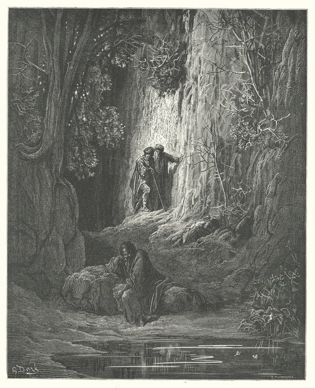 La Fontainen sadut: Fontaine: Arbitrator, Almoner, and Hermit (kaiverrus). tekijältä Gustave Dore