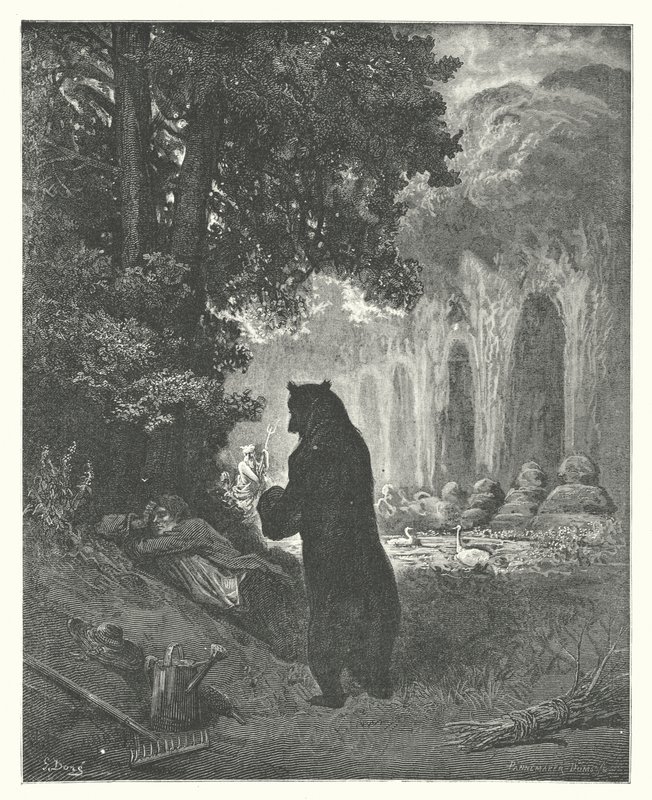 La Fontainen sadut: Karhu ja puutarhanhoidon harrastaja (kaiverrus). tekijältä Gustave Dore