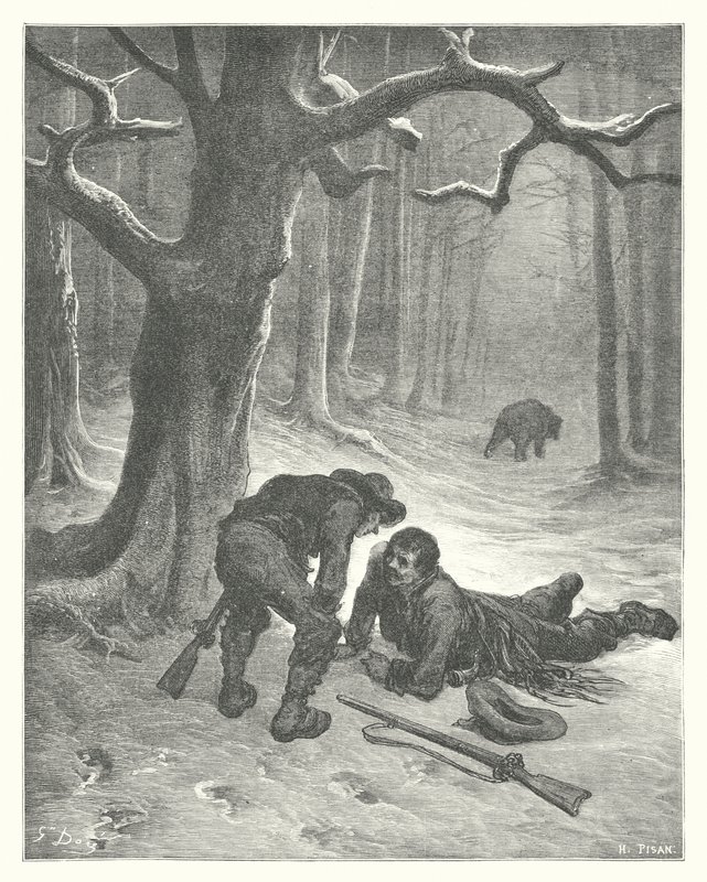 La Fontainen sadut: Fontaine: Karhu ja kaksi ystävää (kaiverrus). tekijältä Gustave Dore