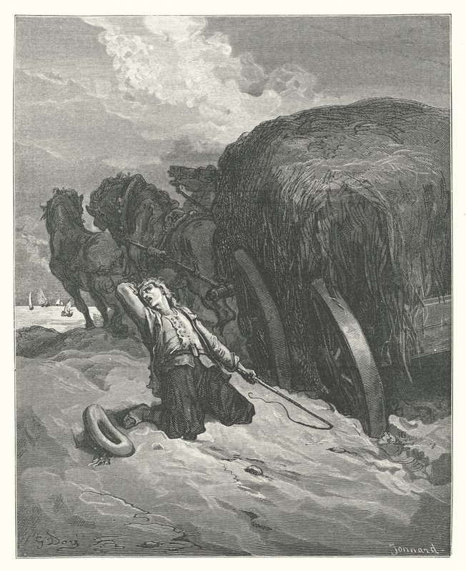 La Fontainen sadut: Fontaine: The Carter Stuck in the Mud (kaiverrus). tekijältä Gustave Dore