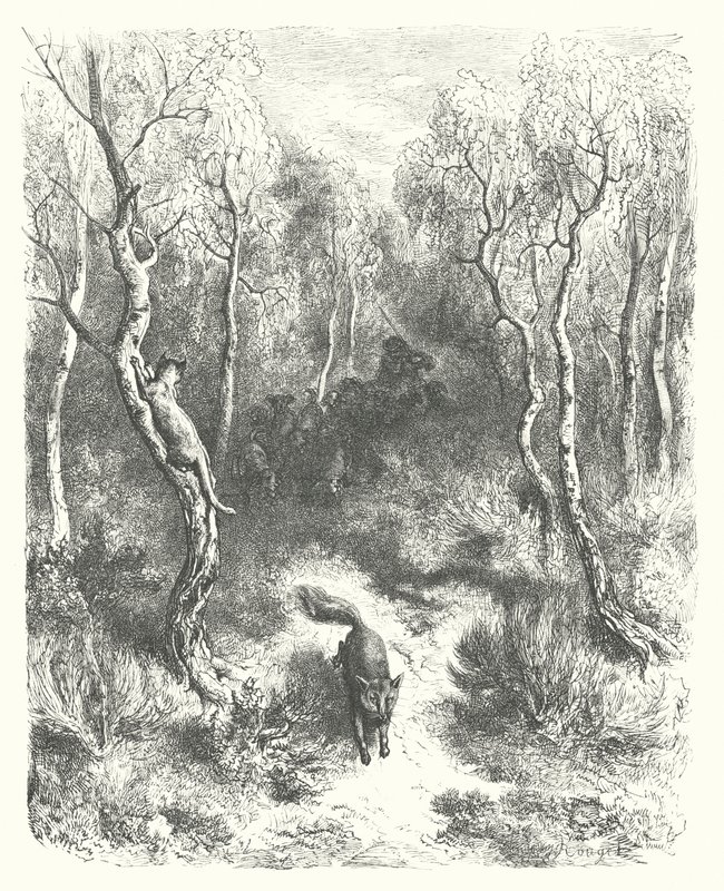 La Fontainen sadut: Fontaine: Kissa ja kettu (kaiverrus). tekijältä Gustave Dore