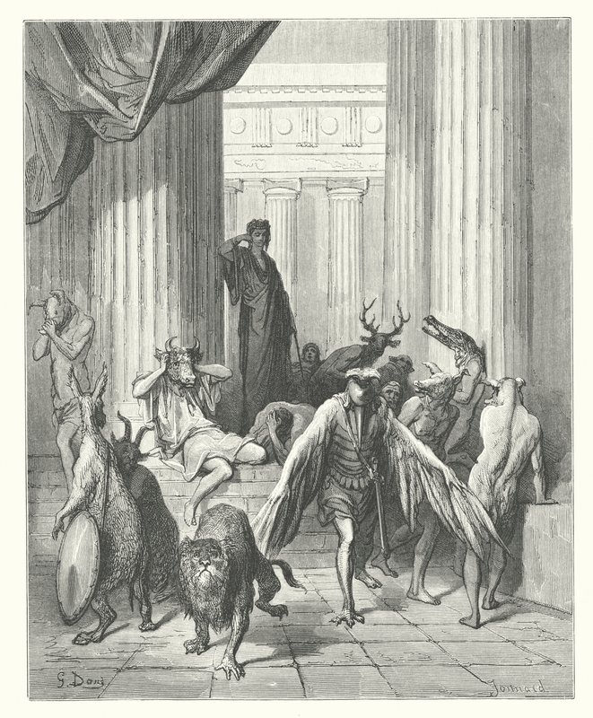La Fontainen sadut: Odysseuksen seuralaiset (kaiverrus). tekijältä Gustave Dore