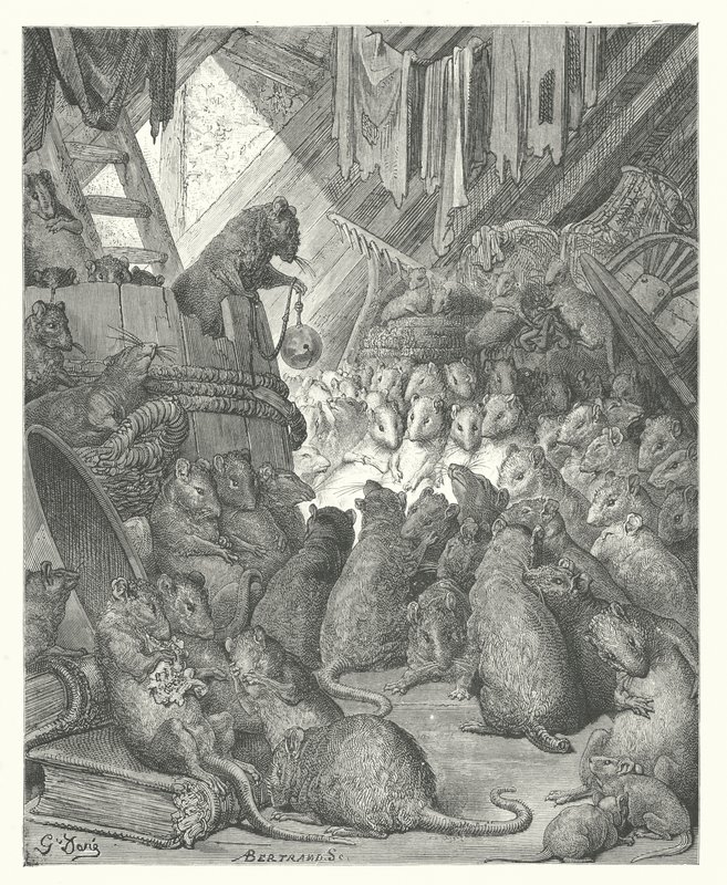 La Fontainen sadut: Rottien pitämä neuvosto (kaiverrus). tekijältä Gustave Dore
